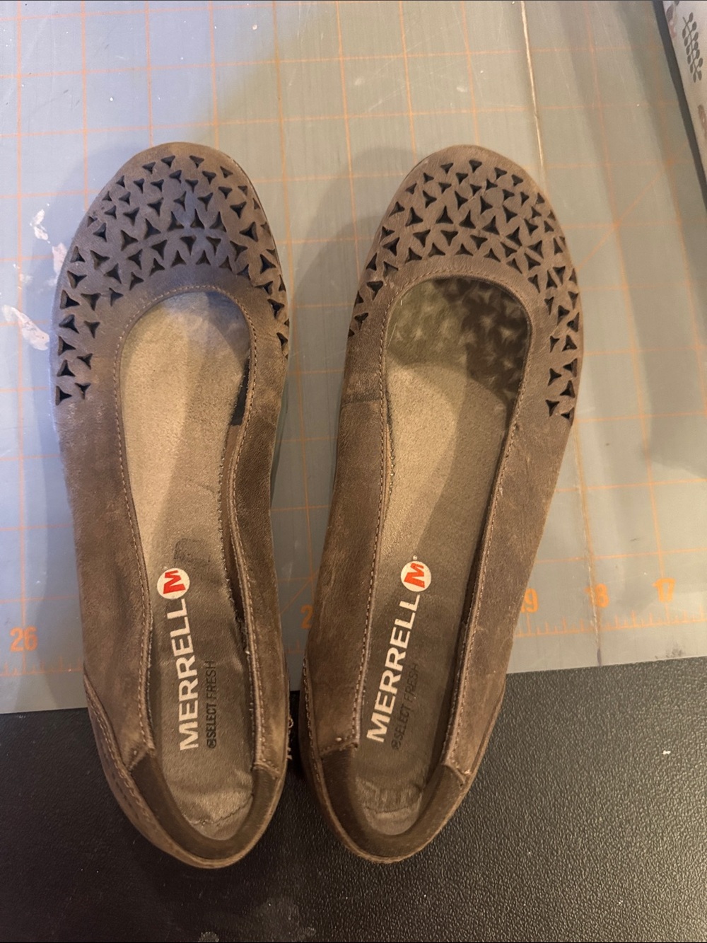 Merrell Taupe Suede Laser-Cut Slip-On Flats